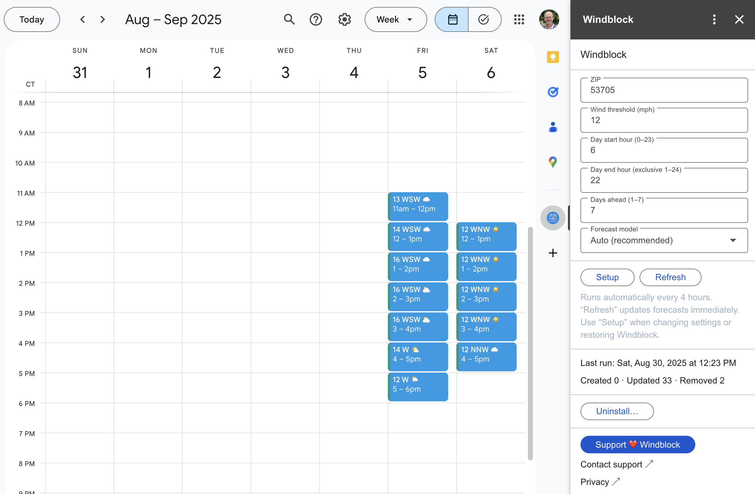 Windblock calendar events populated in Google Calendar