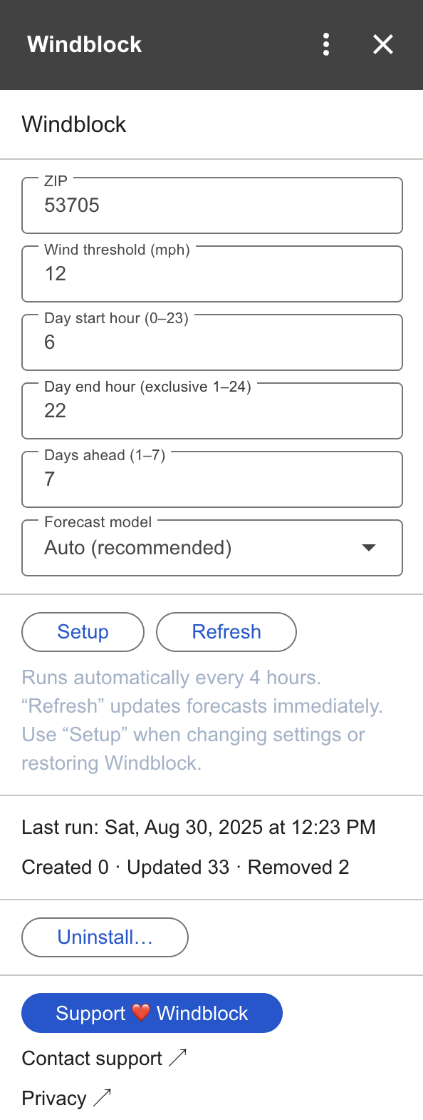 Windblock sidebar settings in Google Calendar